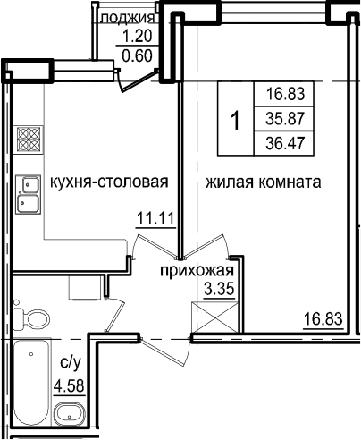 1-комнатная 37 м<sup>2</sup> на 1 этаже 1-комнатная 37 м<sup>2</sup> на 1 этаже