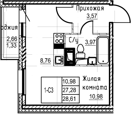 Студия 29 м<sup>2</sup> на 9 этаже Студия 29 м<sup>2</sup> на 9 этаже