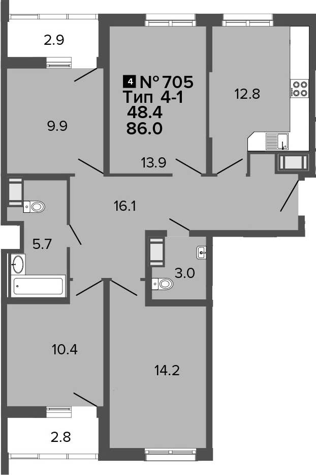 4-комнатная 91 м<sup>2</sup> на 5 этаже 4-комнатная 91 м<sup>2</sup> на 5 этаже