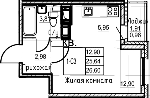 Студия 27 м<sup>2</sup> на 24 этаже Студия 27 м<sup>2</sup> на 24 этаже