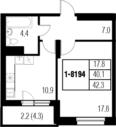 1-комнатная 44 м<sup>2</sup> на 19 этаже 1-комнатная 44 м<sup>2</sup> на 19 этаже