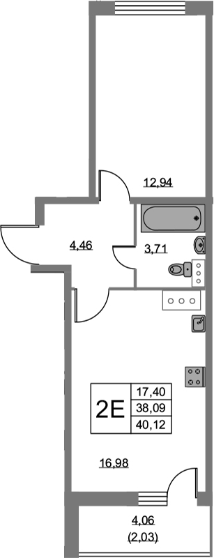 2-комнатная 42 м<sup>2</sup> на 9 этаже 2-комнатная 42 м<sup>2</sup> на 9 этаже