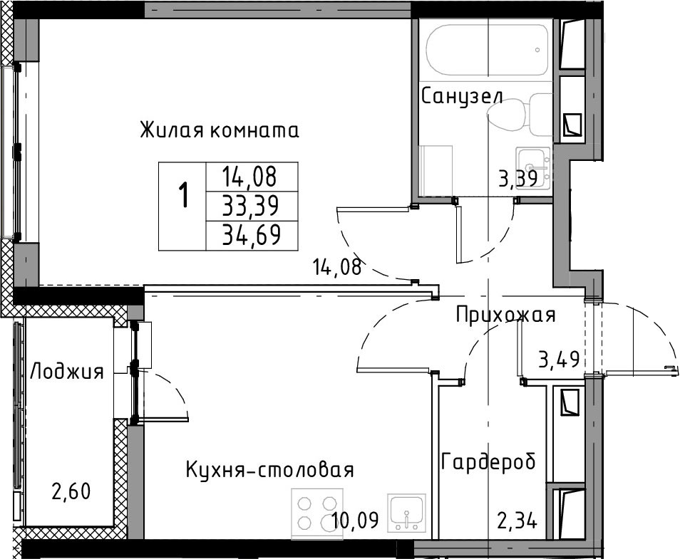 1-комнатная 35 м<sup>2</sup> на 3 этаже 1-комнатная 35 м<sup>2</sup> на 3 этаже