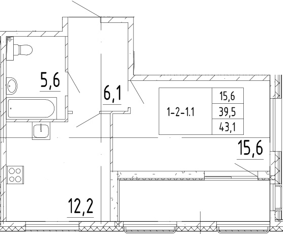 1-комнатная 46 м<sup>2</sup> на 2 этаже 1-комнатная 46 м<sup>2</sup> на 2 этаже