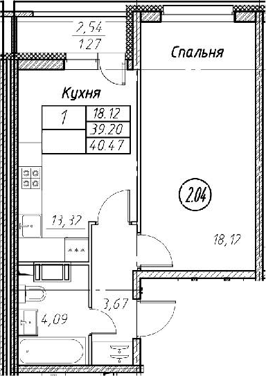 1-комнатная 41 м<sup>2</sup> на 2 этаже 1-комнатная 41 м<sup>2</sup> на 2 этаже