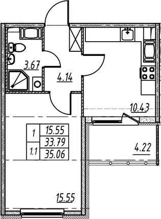 1-комнатная 38 м<sup>2</sup> на 5 этаже 1-комнатная 38 м<sup>2</sup> на 5 этаже