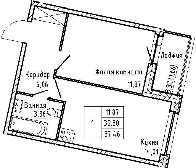 1-комнатная 39 м<sup>2</sup> на 2 этаже 1-комнатная 39 м<sup>2</sup> на 2 этаже