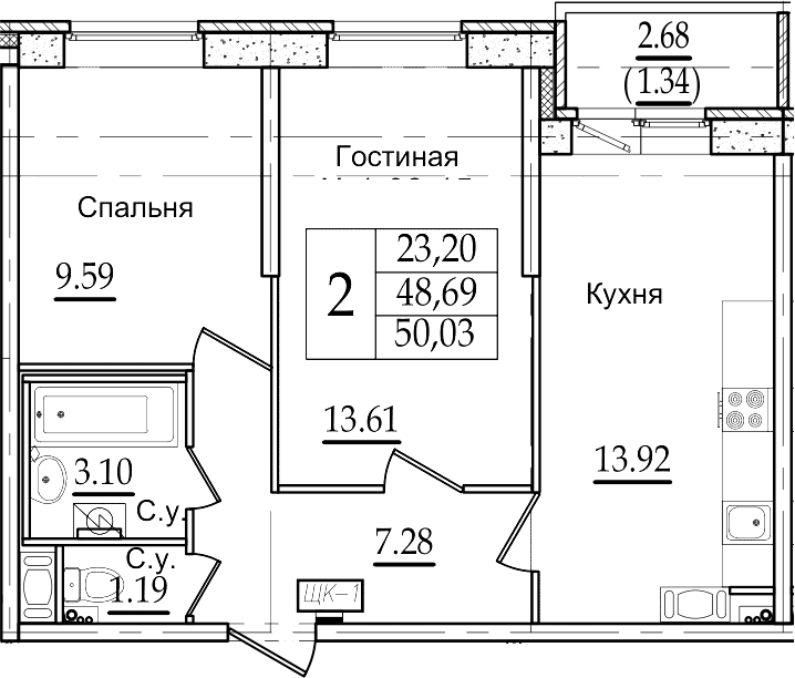 2-комнатная 51 м<sup>2</sup> на 2 этаже 2-комнатная 51 м<sup>2</sup> на 2 этаже