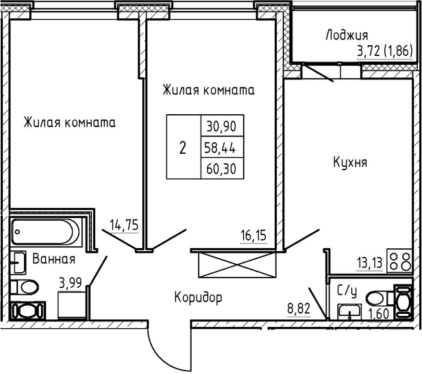 2-комнатная 62 м<sup>2</sup> на 2 этаже 2-комнатная 62 м<sup>2</sup> на 2 этаже