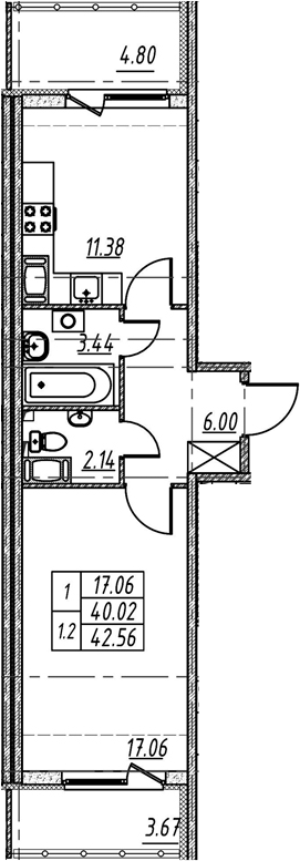1-комнатная 48 м<sup>2</sup> на 5 этаже 1-комнатная 48 м<sup>2</sup> на 5 этаже