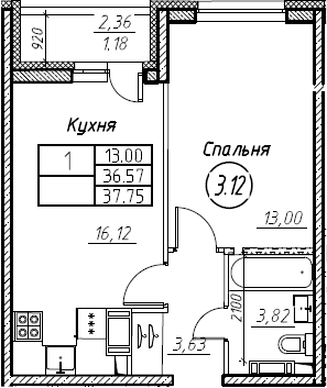 2-комнатная 38 м<sup>2</sup> на 16 этаже 2-комнатная 38 м<sup>2</sup> на 16 этаже