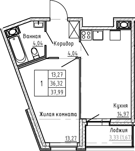1-комнатная 39 м<sup>2</sup> на 4 этаже 1-комнатная 39 м<sup>2</sup> на 4 этаже