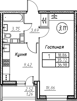 1-комнатная 38 м<sup>2</sup> на 19 этаже 1-комнатная 38 м<sup>2</sup> на 19 этаже