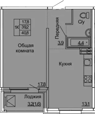 1-комнатная 42 м<sup>2</sup> на 4 этаже 1-комнатная 42 м<sup>2</sup> на 4 этаже