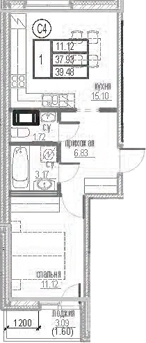 1-комнатная 41 м<sup>2</sup> на 12 этаже 1-комнатная 41 м<sup>2</sup> на 12 этаже