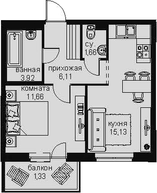 2-комнатная 42 м<sup>2</sup> на 2 этаже 2-комнатная 42 м<sup>2</sup> на 2 этаже