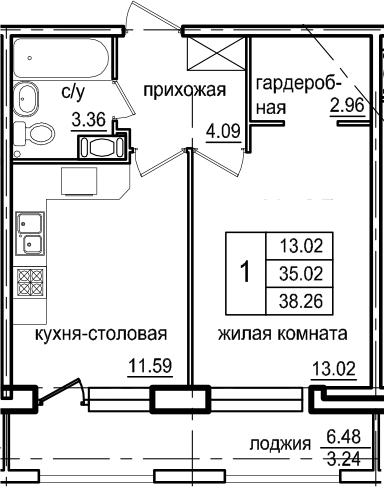 1-комнатная 41 м<sup>2</sup> на 5 этаже 1-комнатная 41 м<sup>2</sup> на 5 этаже