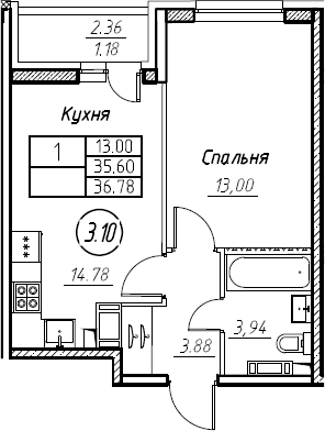 1-комнатная 37 м<sup>2</sup> на 4 этаже 1-комнатная 37 м<sup>2</sup> на 4 этаже