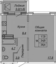 1-комнатная 38 м<sup>2</sup> на 10 этаже 1-комнатная 38 м<sup>2</sup> на 10 этаже