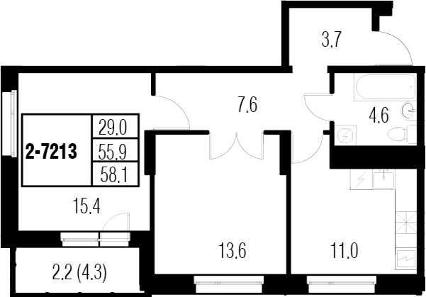 2-комнатная 60 м<sup>2</sup> на 21 этаже 2-комнатная 60 м<sup>2</sup> на 21 этаже