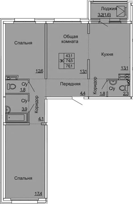 3-комнатная 77 м<sup>2</sup> на 3 этаже 3-комнатная 77 м<sup>2</sup> на 3 этаже