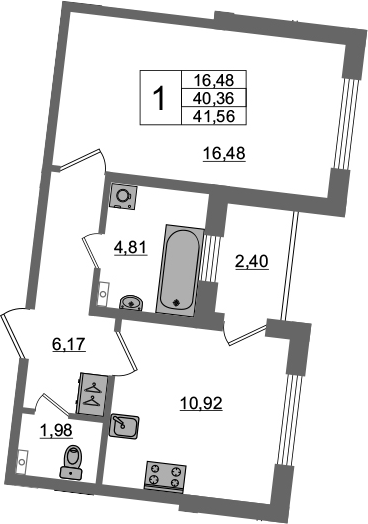 1-комнатная 42 м<sup>2</sup> на 1 этаже 1-комнатная 42 м<sup>2</sup> на 1 этаже