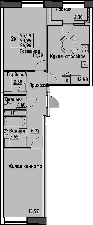 2-комнатная 56 м<sup>2</sup> на 6 этаже 2-комнатная 56 м<sup>2</sup> на 6 этаже