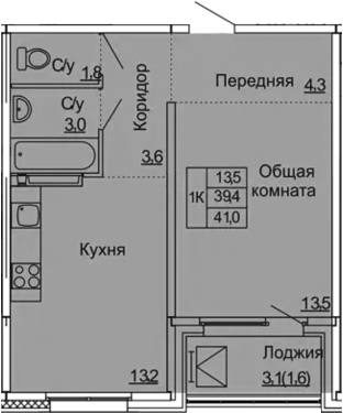 1-комнатная 42 м<sup>2</sup> на 9 этаже 1-комнатная 42 м<sup>2</sup> на 9 этаже
