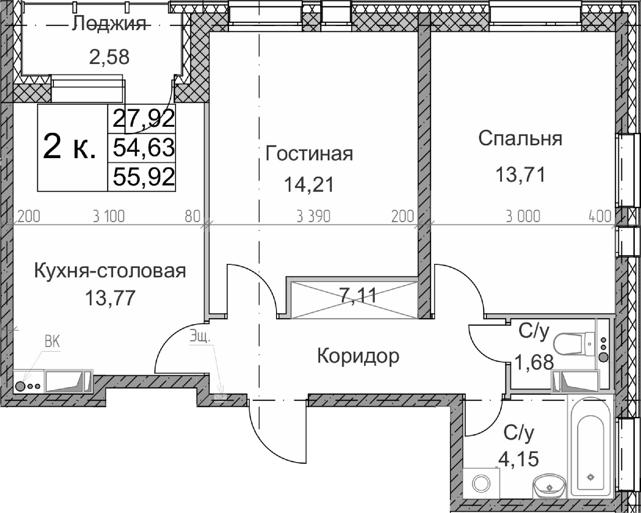 2-комнатная 57 м<sup>2</sup> на 1 этаже 2-комнатная 57 м<sup>2</sup> на 1 этаже