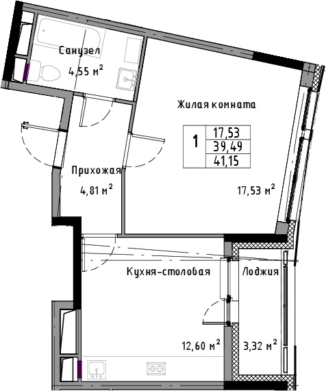 1-комнатная 42 м<sup>2</sup> на 5 этаже 1-комнатная 42 м<sup>2</sup> на 5 этаже