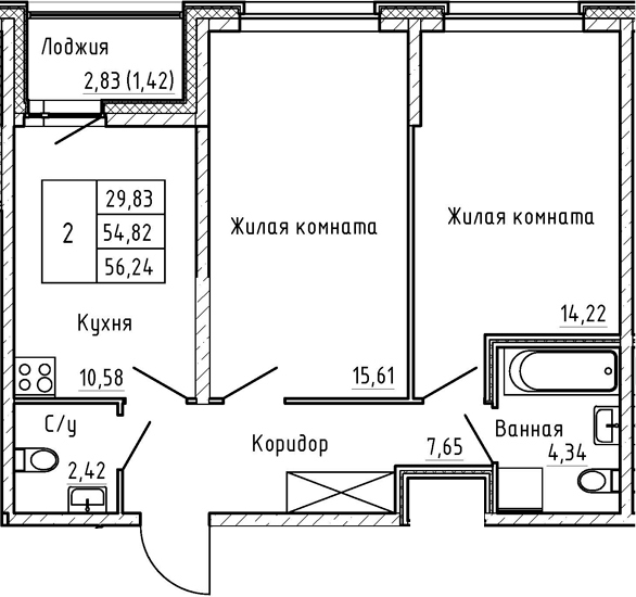 2-комнатная 57 м<sup>2</sup> на 1 этаже 2-комнатная 57 м<sup>2</sup> на 1 этаже