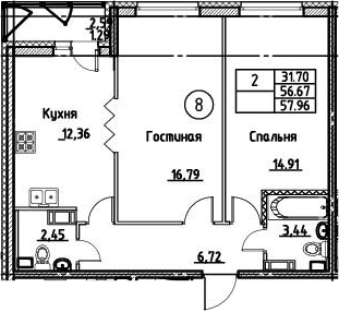 2-комнатная 59 м<sup>2</sup> на 3 этаже 2-комнатная 59 м<sup>2</sup> на 3 этаже