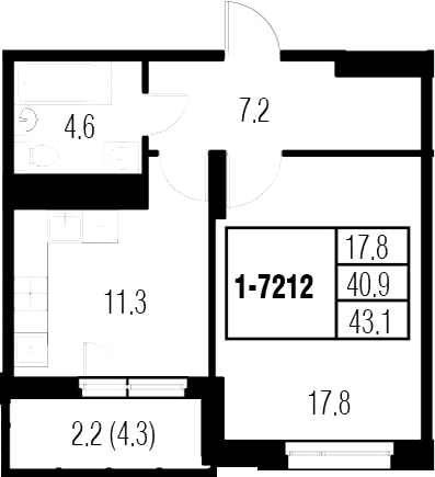 1-комнатная 45 м<sup>2</sup> на 21 этаже 1-комнатная 45 м<sup>2</sup> на 21 этаже