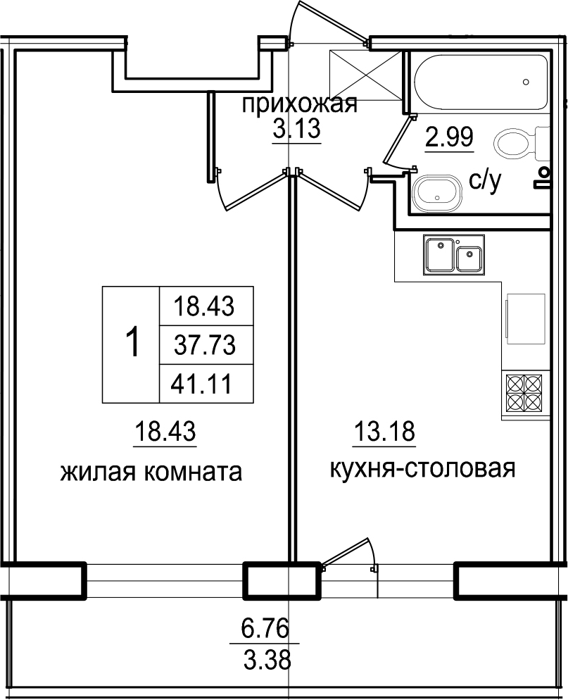 1-комнатная 44 м<sup>2</sup> на 2 этаже 1-комнатная 44 м<sup>2</sup> на 2 этаже