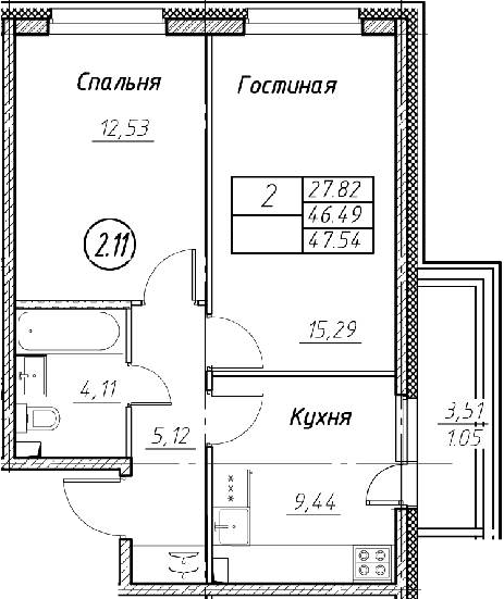 2-комнатная 49 м<sup>2</sup> на 1 этаже 2-комнатная 49 м<sup>2</sup> на 1 этаже