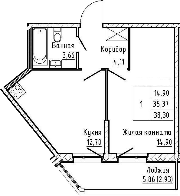 1-комнатная 41 м<sup>2</sup> на 2 этаже 1-комнатная 41 м<sup>2</sup> на 2 этаже