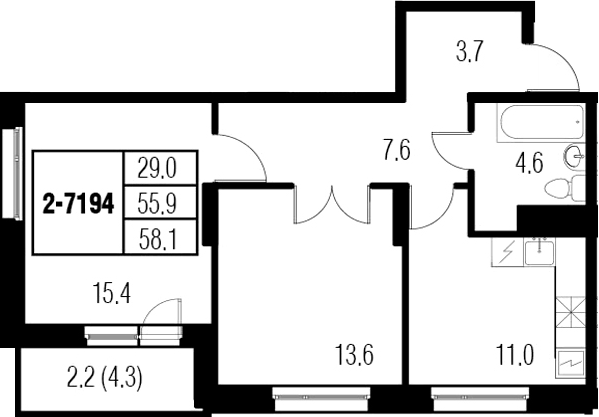 2-комнатная 60 м<sup>2</sup> на 19 этаже 2-комнатная 60 м<sup>2</sup> на 19 этаже