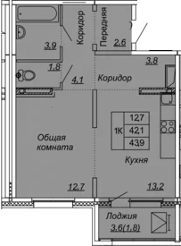 1-комнатная 45 м<sup>2</sup> на 9 этаже 1-комнатная 45 м<sup>2</sup> на 9 этаже