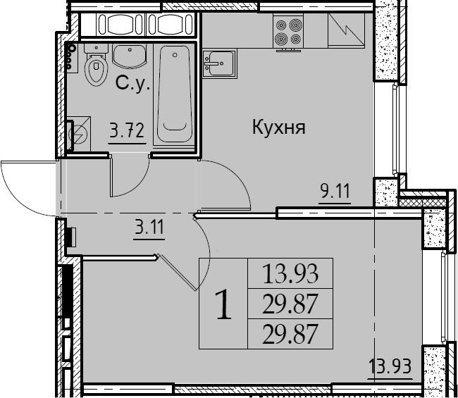 1-комнатная 29 м<sup>2</sup> на 1 этаже 1-комнатная 29 м<sup>2</sup> на 1 этаже