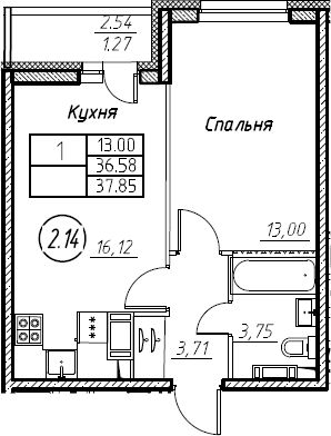 2-комнатная 39 м<sup>2</sup> на 6 этаже 2-комнатная 39 м<sup>2</sup> на 6 этаже