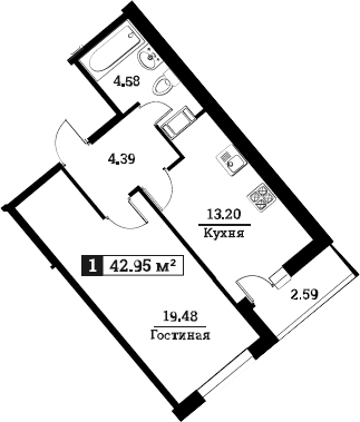1-комнатная 44 м<sup>2</sup> на 3 этаже 1-комнатная 44 м<sup>2</sup> на 3 этаже