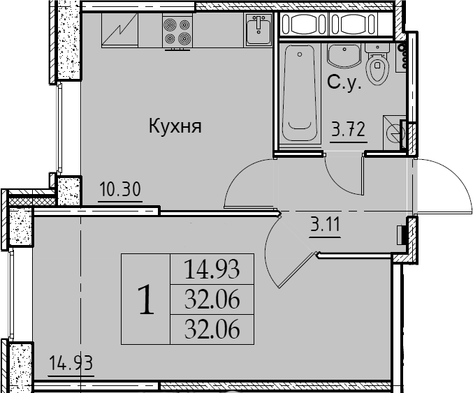 1-комнатная 32 м<sup>2</sup> на 2 этаже 1-комнатная 32 м<sup>2</sup> на 2 этаже