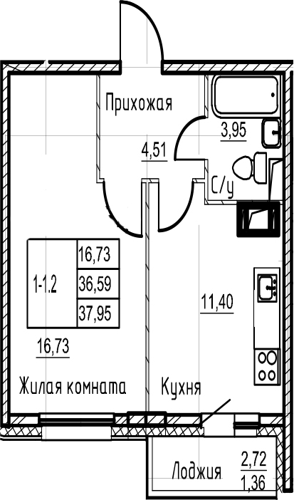 1-комнатная 39 м<sup>2</sup> на 10 этаже 1-комнатная 39 м<sup>2</sup> на 10 этаже
