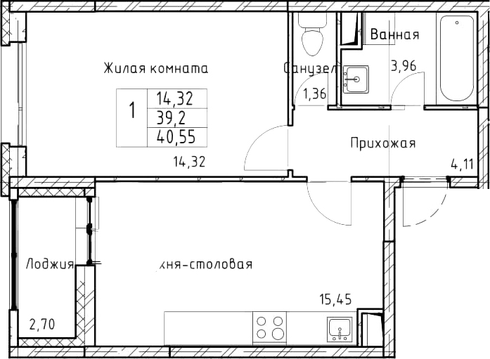 2-комнатная 41 м<sup>2</sup> на 2 этаже 2-комнатная 41 м<sup>2</sup> на 2 этаже