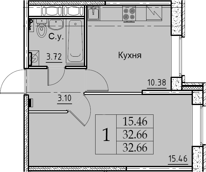 1-комнатная 32 м<sup>2</sup> на 2 этаже 1-комнатная 32 м<sup>2</sup> на 2 этаже