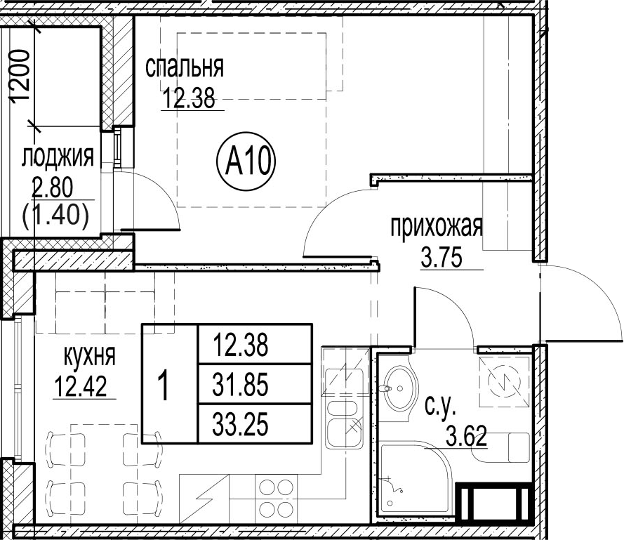 1-комнатная 34 м<sup>2</sup> на 3 этаже 1-комнатная 34 м<sup>2</sup> на 3 этаже