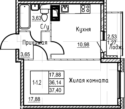 1-комнатная 38 м<sup>2</sup> на 4 этаже 1-комнатная 38 м<sup>2</sup> на 4 этаже