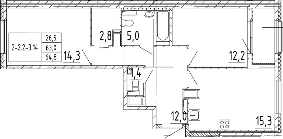 3-комнатная 66 м<sup>2</sup> на 3 этаже 3-комнатная 66 м<sup>2</sup> на 3 этаже