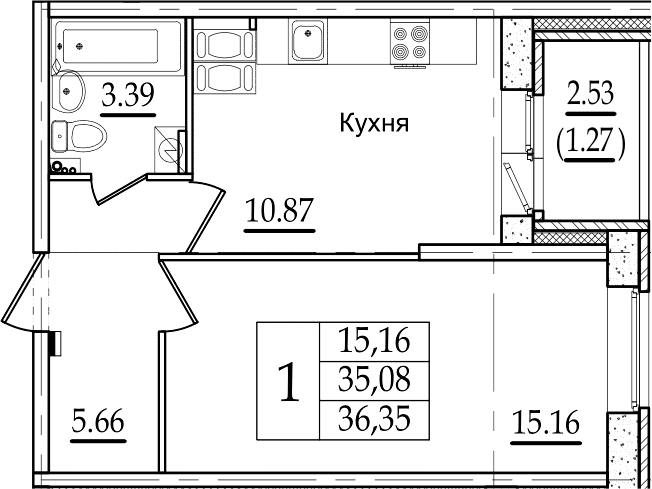 1-комнатная 37 м<sup>2</sup> на 2 этаже 1-комнатная 37 м<sup>2</sup> на 2 этаже