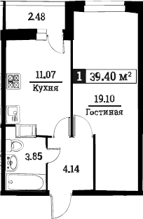 1-комнатная 40 м<sup>2</sup> на 8 этаже 1-комнатная 40 м<sup>2</sup> на 8 этаже